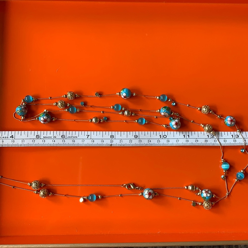 Vintage hand painted gold and blue floral necklace